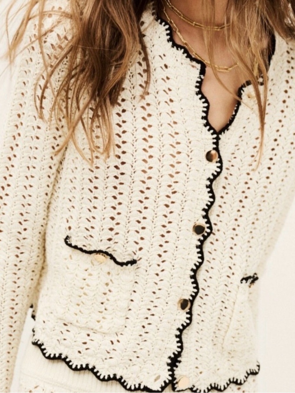 ba&sh Cream Crochet Cardigan with Black Trim